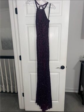 Primavera Couture Plum Beaded Halter Prom Gown